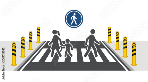 Family crossing the road at a marked pedestrian crossing.