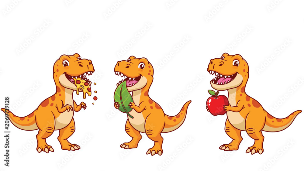 Fototapeta premium Three cartoon dinosaurs happily eating different foods: pizza, a leaf, and an apple.