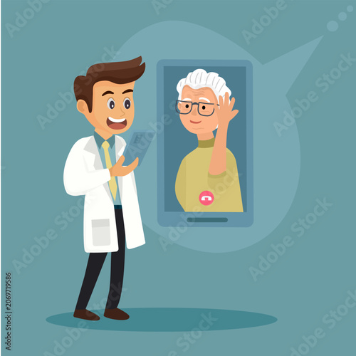 Vector cartoon of a young male doctor holding a tablet while consulting a senior elderly woman on a screen. Concept of innovative telemedicine, smart healthcare, online clinic, and parenting.
