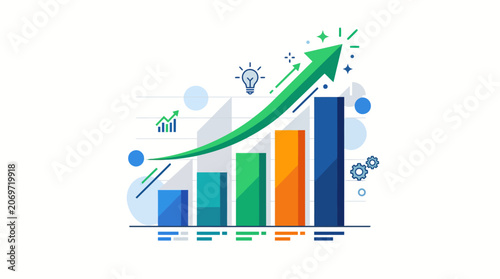 Colorful bar chart with green arrow.