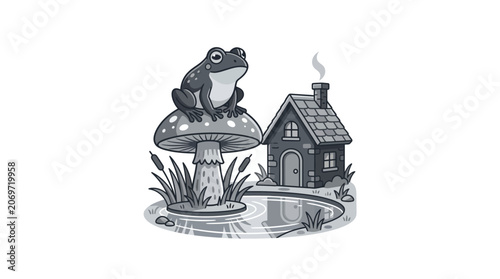 Frog sitting on a mushroom cap.