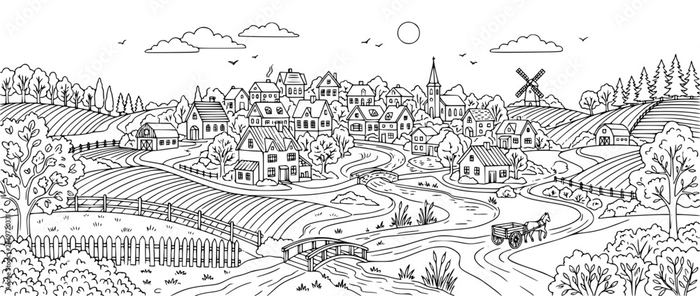 Fototapeta premium Hand-Drawn Village Landscape with Houses Fields and Windmill Coloring Page