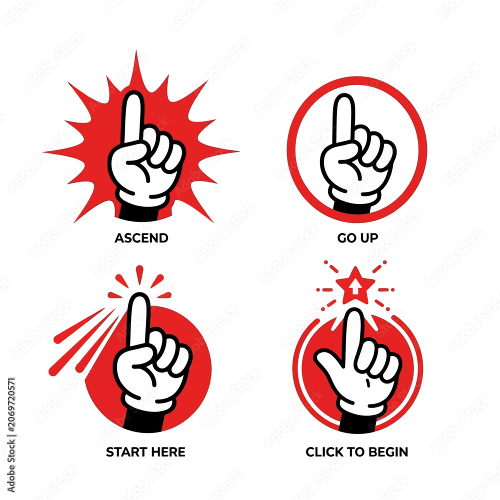 Fototapeta premium pointing hand illustrations with up gesture start here and click to begin symbols guiding user navigation in digital interfaces.