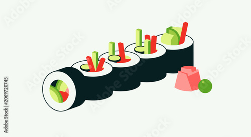 Illustration of vegetable sushi rolls with pickled ginger and wasabi.