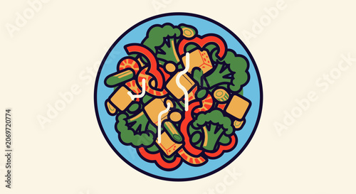 Flat vector illustration of a healthy vegetable stir fry bowl.
