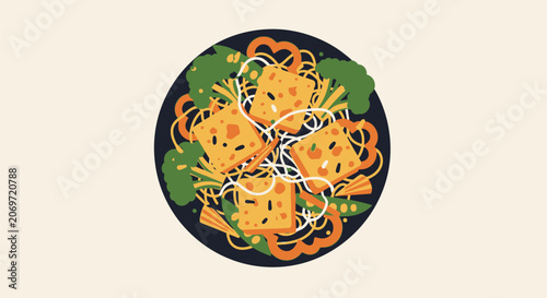 Top view of stir fry noodle bowl with tofu and vegetables.