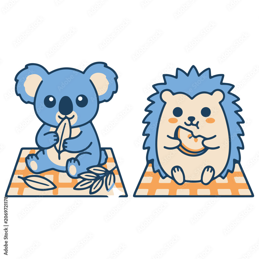 Obraz premium Cute Cartoon Koala Eating Leaves and Hedgehog on Picnic Mat Vector Illustration 