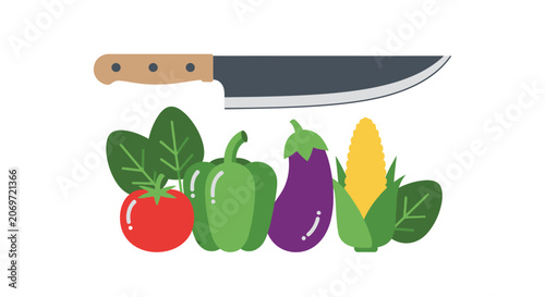 Chef Knife and Fresh Organic Vegetables Set Illustration.