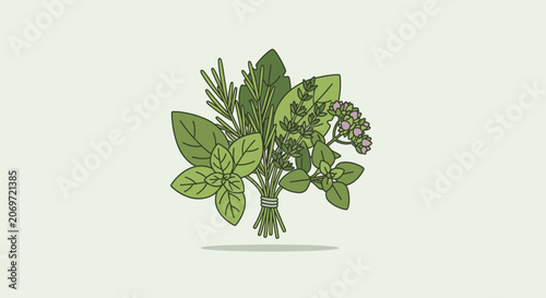 Hand drawn illustration of a fresh herb bouquet with various culinary leaves.