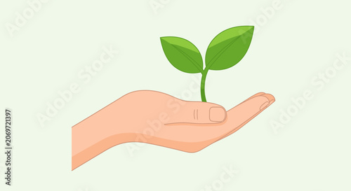 A human hand gently holding a small green sprout representing growth and environmental care.
