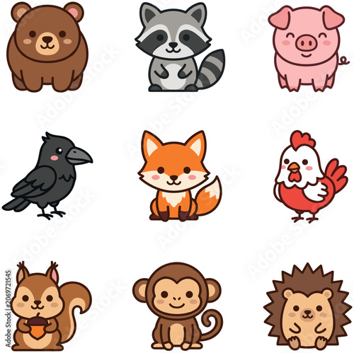 Canvas Print Set of cute cartoon animals collection including bear raccoon pig crow fox chicken squirrel monkey and hedgehog