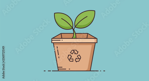 A small green plant growing inside a recycled material flower pot.