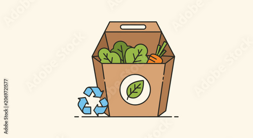 Eco friendly cardboard box containing fresh organic vegetables and a recycling symbol.