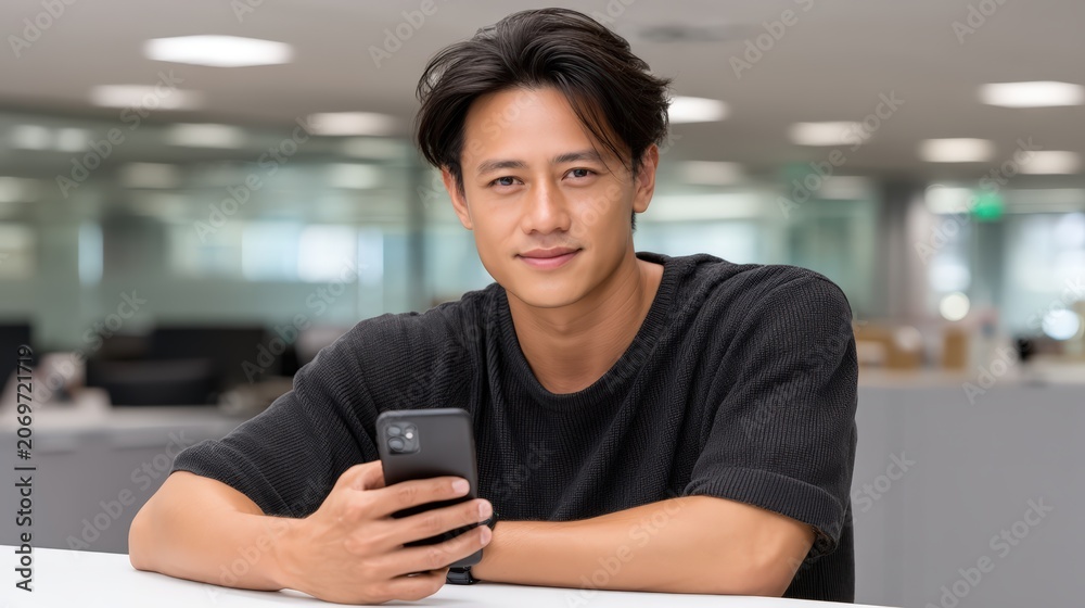 Fototapeta premium Portrait of a Young Asian Man Using a Smartphone in an Office