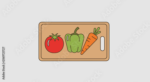 A vector illustration of fresh vegetables on a wooden cutting board.