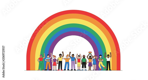 Colorful rainbow arch with diverse group of people.