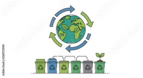Earth Recycling Concept with Circular Arrows and Bins.