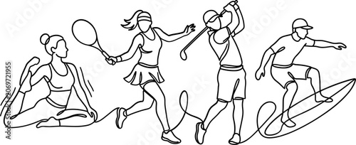Bild auf Leinwand Continuous line art illustration of people engaged in various sports activities