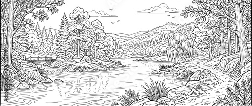 landscape coloring page with river forest mountains and a wooden bridge scenery