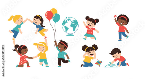 Cheerful Children Playing Together in Colorful Balloons.