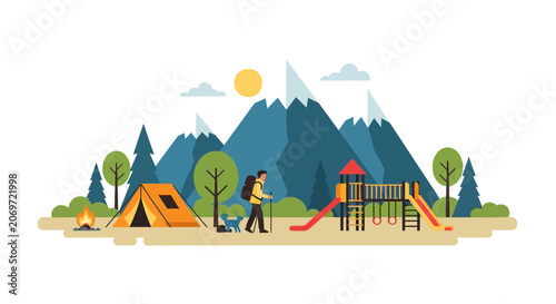 Outdoor Camping Scene With Tents And Hikers.
