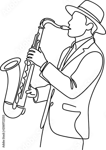 Photography Continuous line drawing of a jazz musician playing saxophone.