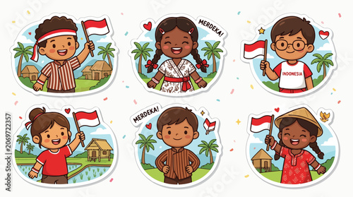 Fotografie Cute Indonesian children sticker set celebrating Independence Day in traditional