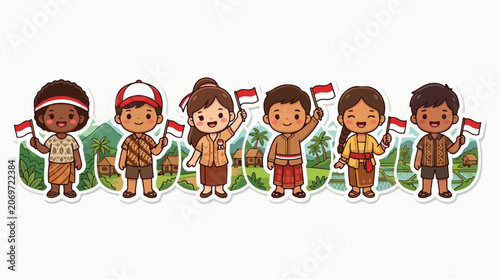 Obraz na plátně Cute Indonesian children cartoon characters in diverse traditional clothes celeb