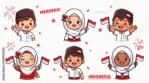 Photography Collection of happy Indonesian kids cartoon characters in uniforms waving red an