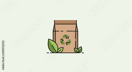 Eco friendly paper bag icon with recycle symbol and leaves.