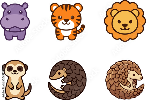 Photography Set of cute cartoon wild animals icons including hippo tiger lion meerkat and pangolin
