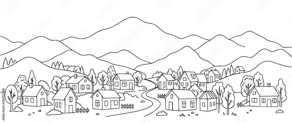 Fototapeta premium Panoramic Line Art Illustration of a Peaceful Village in the Mountains
