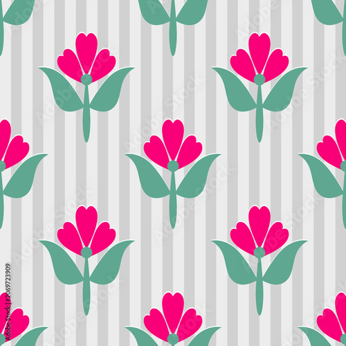 Retro floral pattern on striped grey background