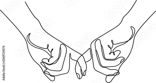 Foto Minimalist continuous line art of two hands holding pinky fingers together