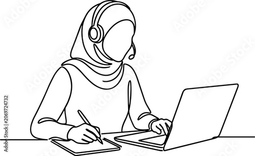 Continuous line drawing of a woman wearing a hijab with a headset working on a laptop.