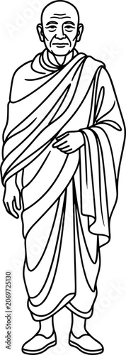 Photos Black and white line art illustration of an elderly monk in traditional robes