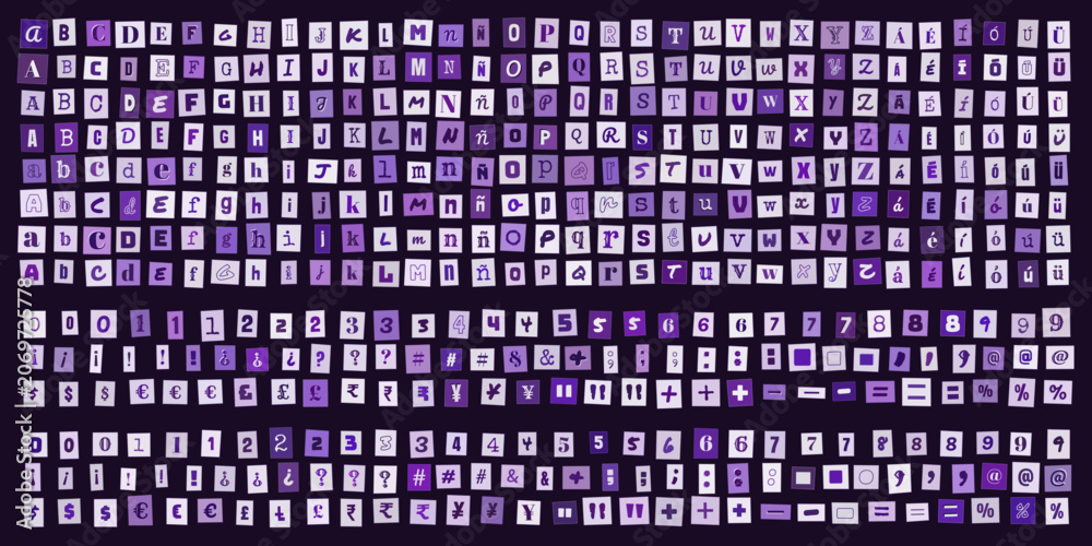 Fototapeta premium Alfabeto de letras recortadas estilo nota de rescate, conjunto de caracteres tipograficos para diseno grafico creativo y collage