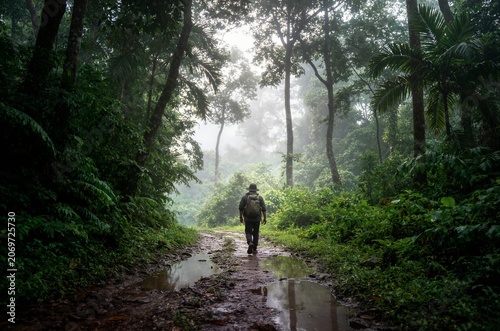 Hiker with backpack walking on a muddy jungle path with puddles for travel exploration and outdoor gear advertising
