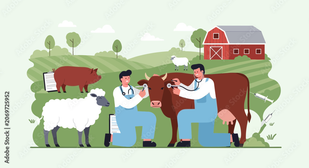 Naklejka premium Veterinarian checking cow health on farm, livestock care, rural medicine concept