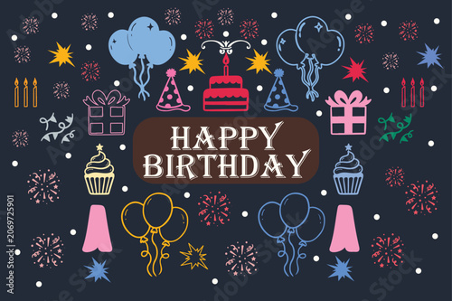 The image features a festive birthday celebration theme, with a dark background and colorful illustrations. It includes elements like balloons, cupcakes, a cake, party hats, gifts, 