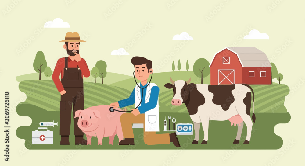 Naklejka premium Veterinarian Examining Pig on Farm with Cow and Farmer