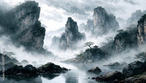 Misty mountain landscape with clouds and calm water