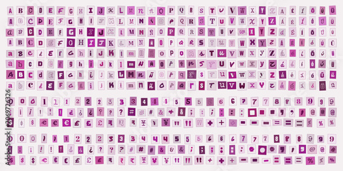 Schilderij op canvas Letras numeros y simbolos estilo recorte de revista morado para diseno grafico c