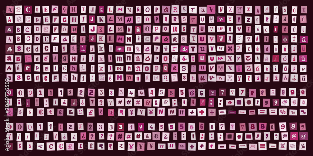 Fototapeta premium Alfabeto de recortes de papel estilo nota de rescate, letras y numeros tipograficos para diseno grafico creativo y composicion