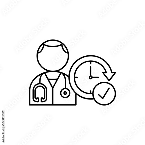 Doctor appointment icon vector line art of medical practitioner avatar with clock and check mark symbol for healthcare schedule hospital booking clinical checkup and medical service concept