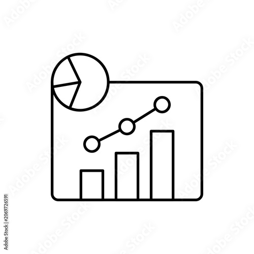 Data analytics icon vector line art of business dashboard interface with bar chart growth line graph and pie chart for financial marketing analysis and statistics reporting concept