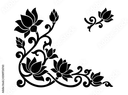 Lotus floral corner border with scrolling vines vector illustration