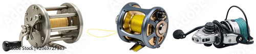 Fotografie Three different fishing reels isolated on a white background