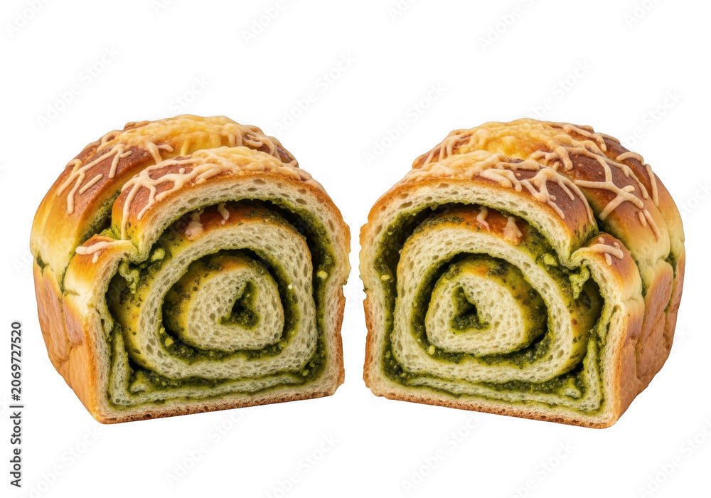 Fototapeta premium Two delicious cinnamon roll pastries with green filling on white surface