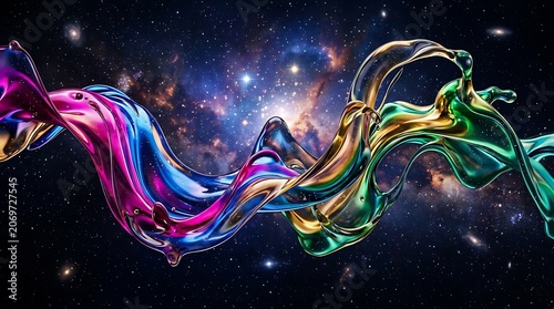 Colorful Iridescent Liquid Splash in Deep Space Galaxy Background